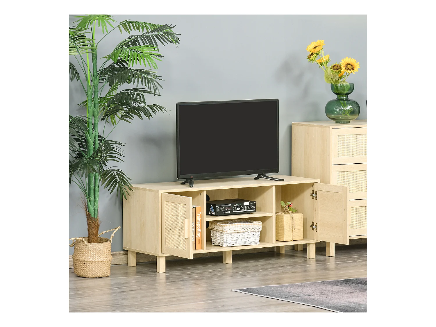 Meuble TV banc TV 2 niches 2 placards porte cannage en rotin dim. 115L x 40l x 48H cm MDF aspect bois clair
