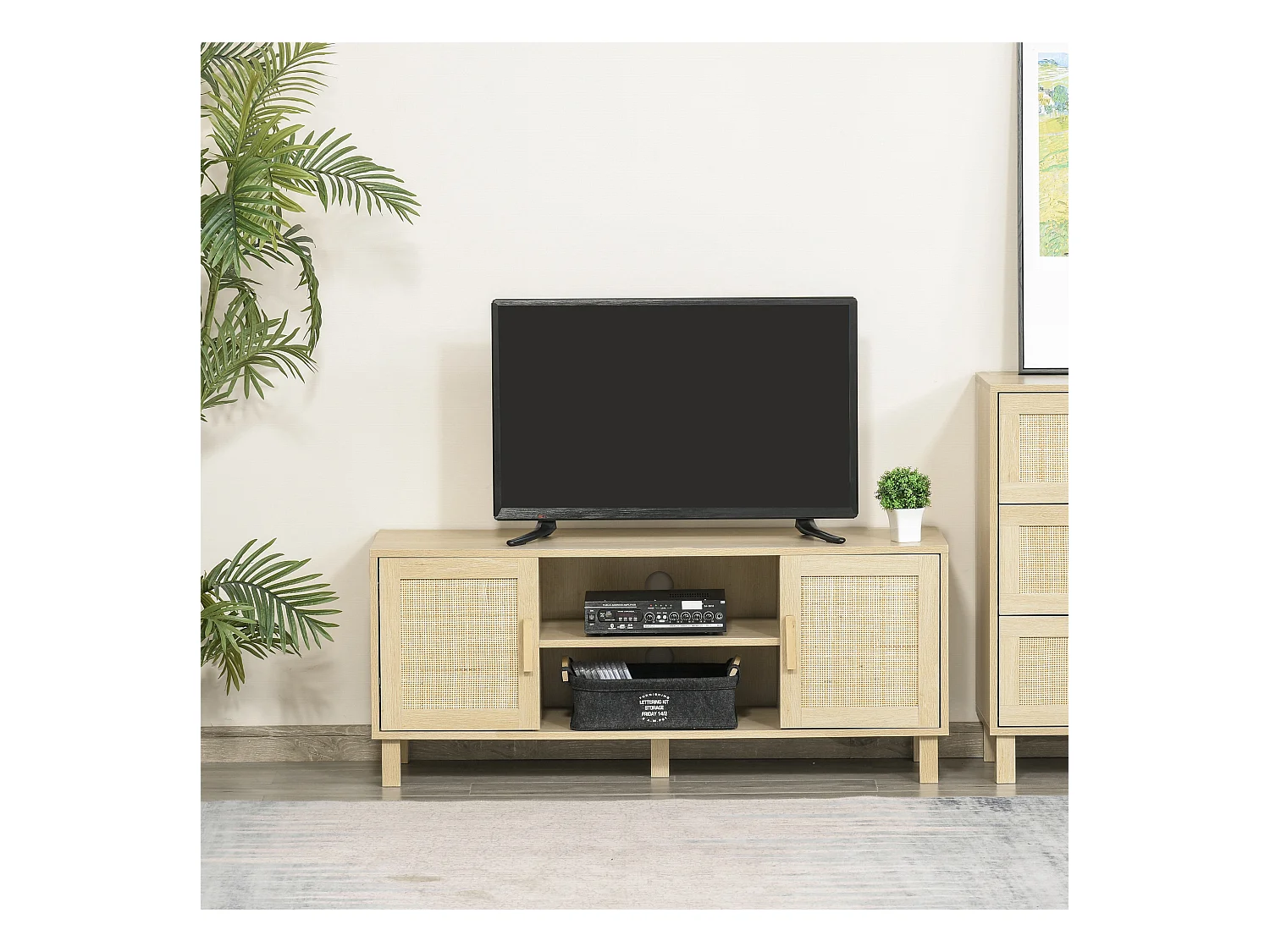 Meuble TV banc TV 2 niches 2 placards porte cannage en rotin dim. 115L x 40l x 48H cm MDF aspect bois clair