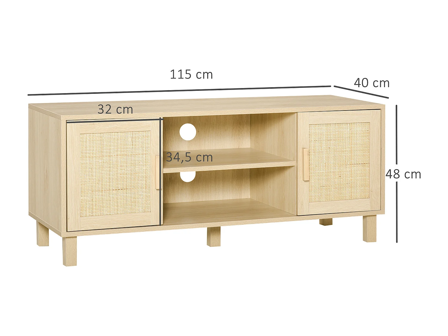 Meuble TV banc TV 2 niches 2 placards porte cannage en rotin dim. 115L x 40l x 48H cm MDF aspect bois clair