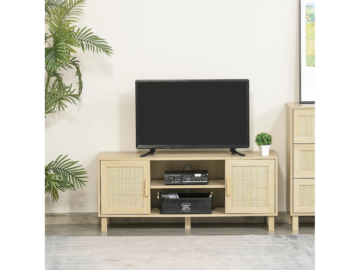 Meuble TV banc TV 2 niches 2 placards porte cannage en rotin dim. 115L x 40l x 48H cm MDF aspect bois clair