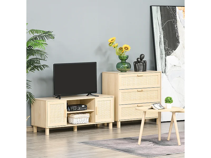 Meuble TV banc TV 2 niches 2 placards porte cannage en rotin dim. 115L x 40l x 48H cm MDF aspect bois clair
