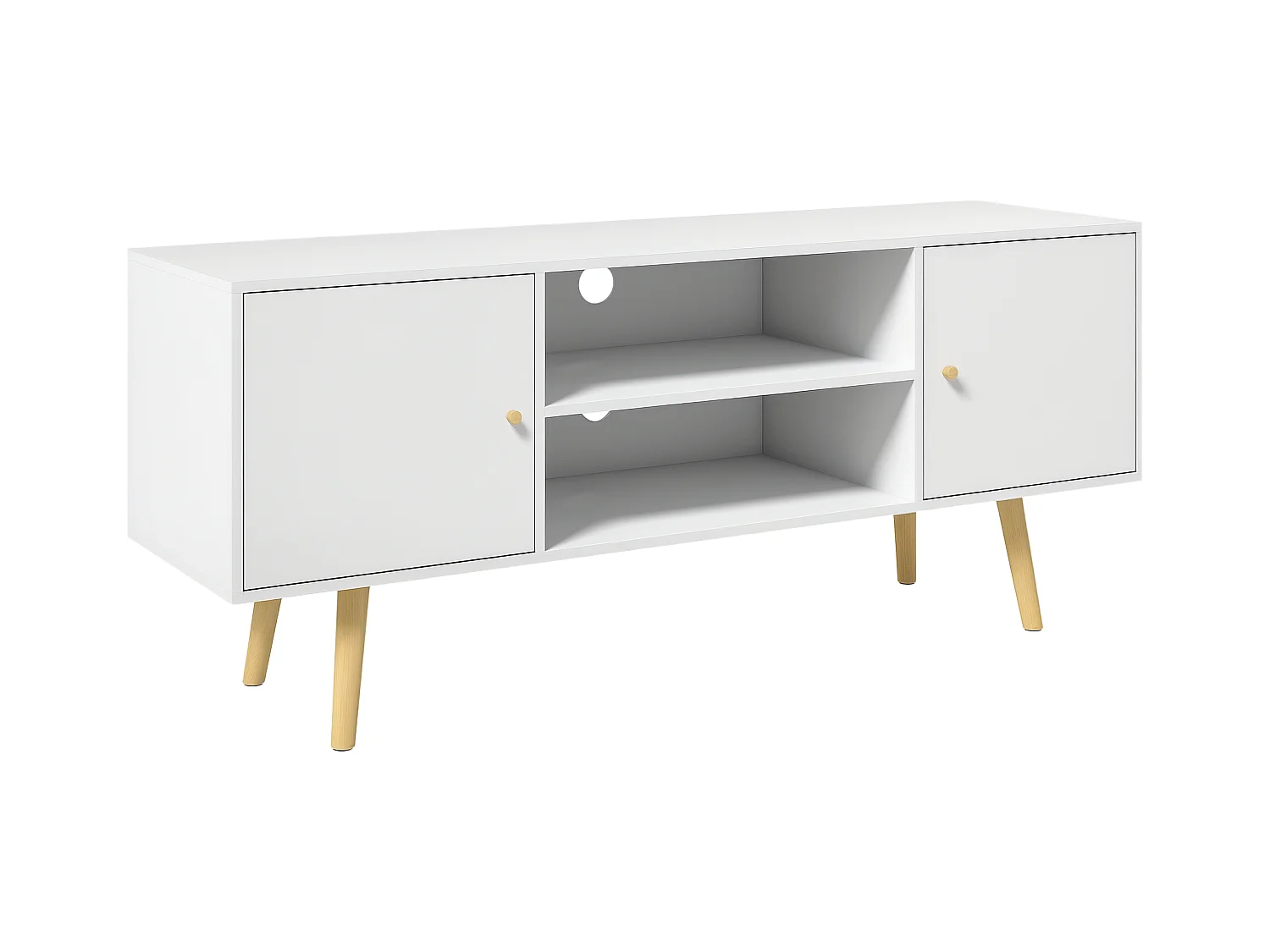 Meuble TV style scandinave 2 portes 2 niches passe-fils piètement bois pin panneaux blanc