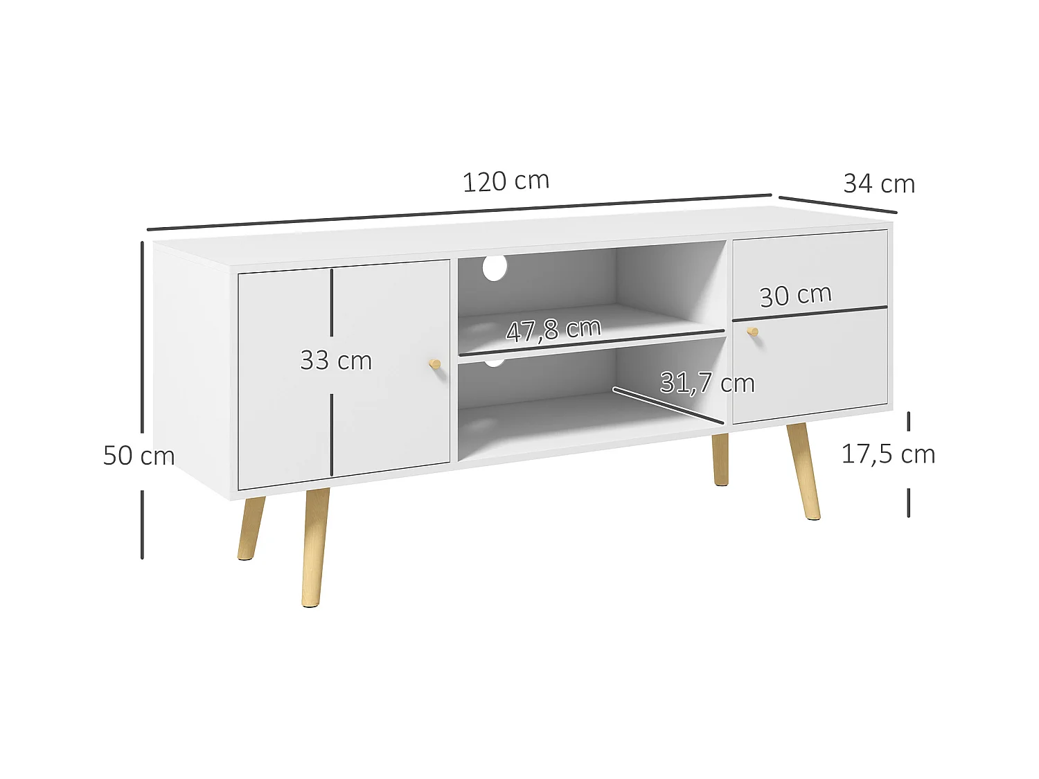 Meuble TV style scandinave 2 portes 2 niches passe-fils piètement bois pin panneaux blanc