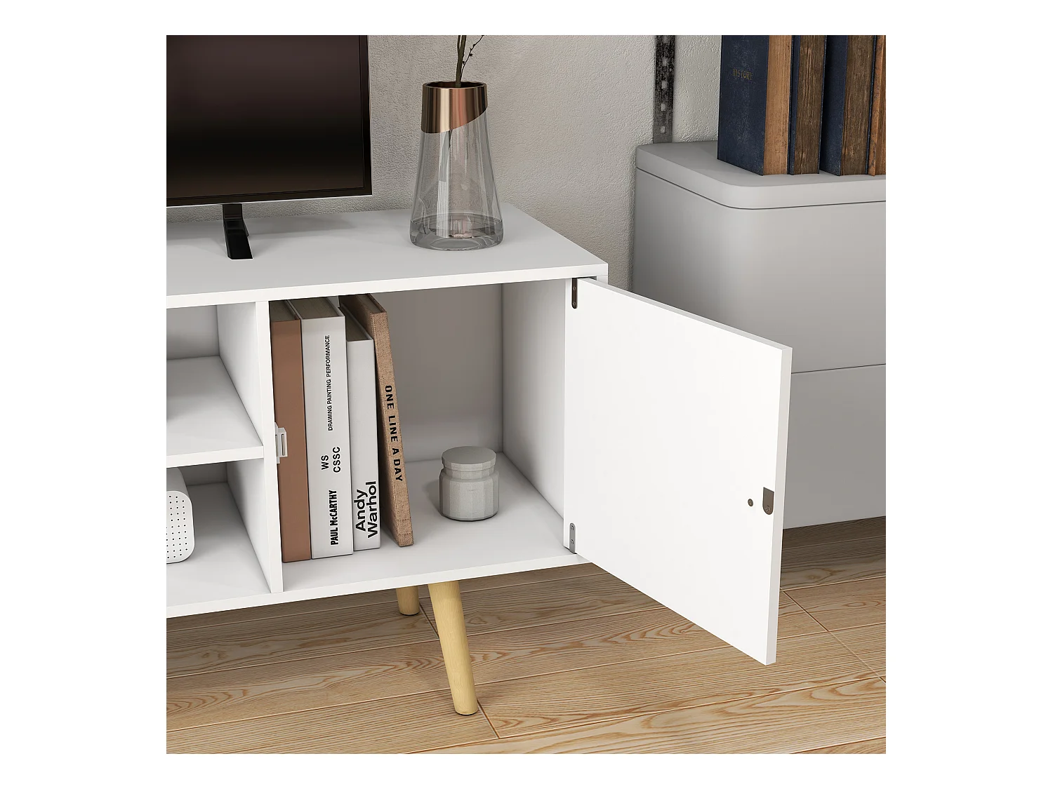 Meuble TV style scandinave 2 portes 2 niches passe-fils piètement bois pin panneaux blanc