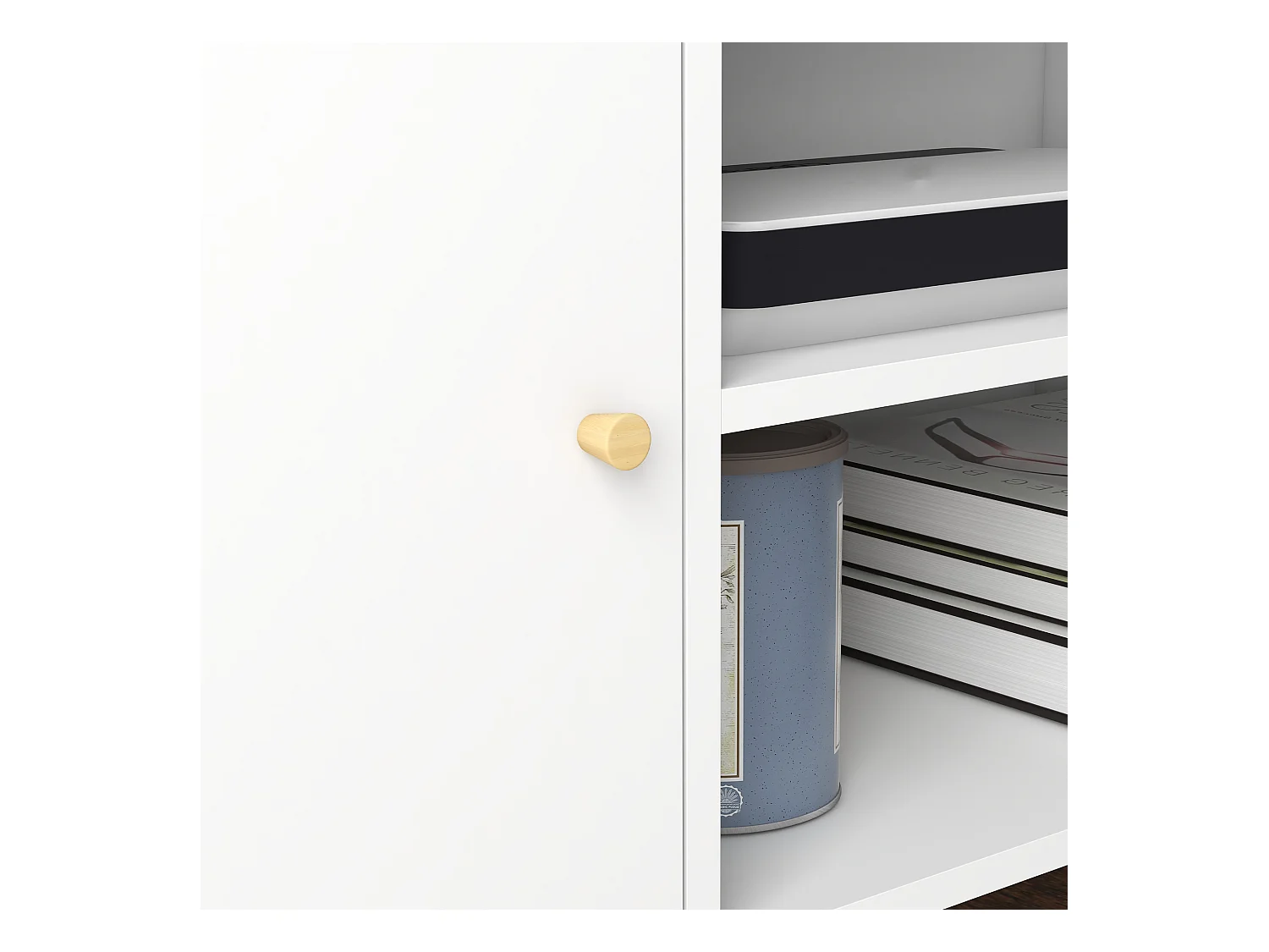 Meuble TV style scandinave 2 portes 2 niches passe-fils piètement bois pin panneaux blanc