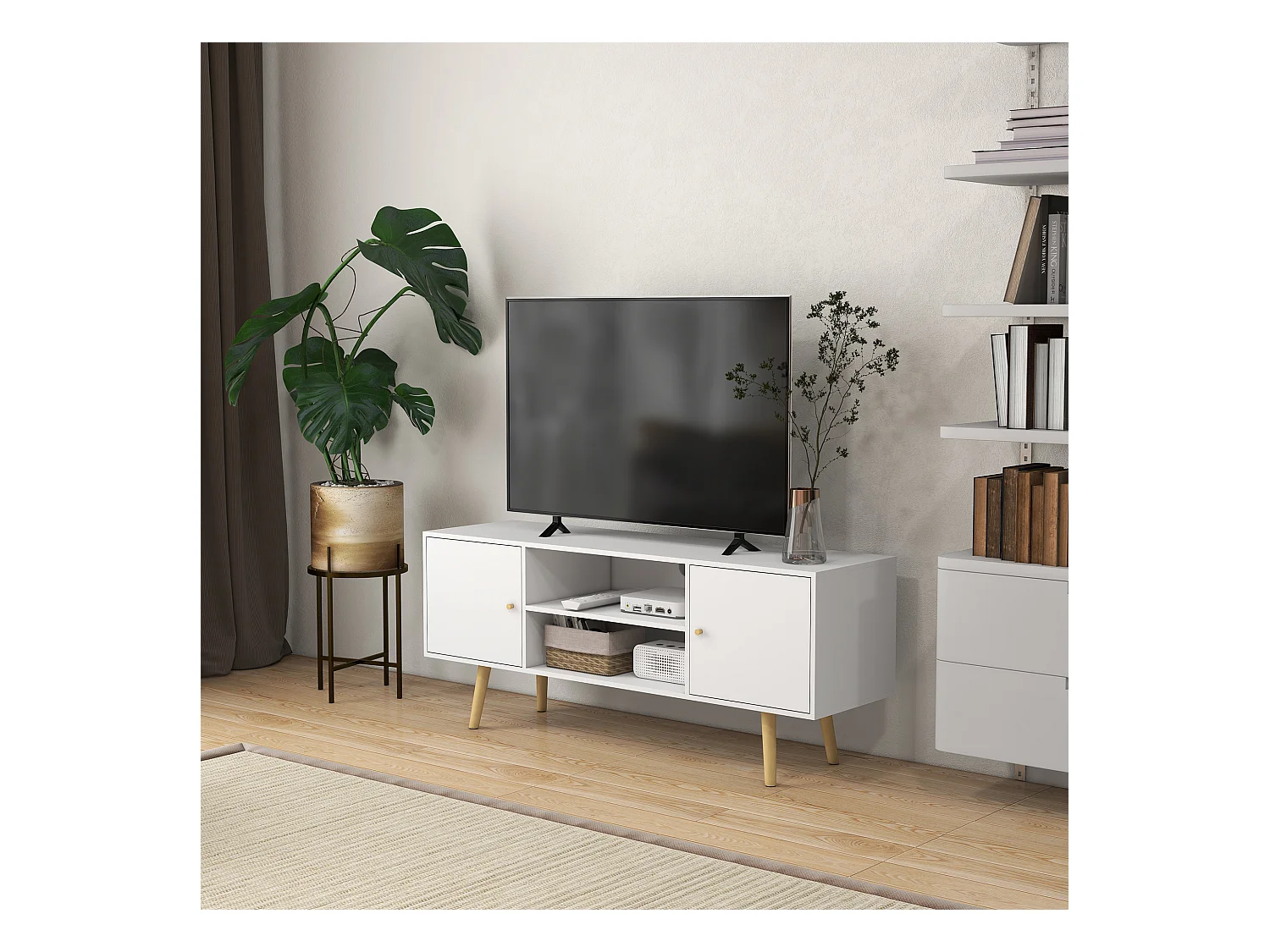 Meuble TV style scandinave 2 portes 2 niches passe-fils piètement bois pin panneaux blanc