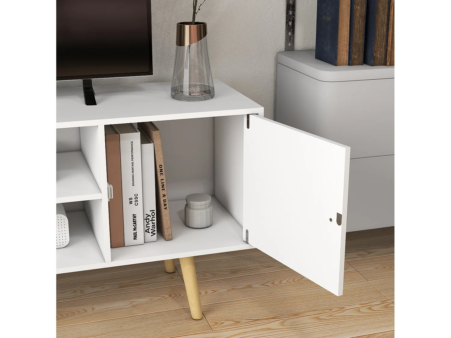 Meuble TV style scandinave 2 portes 2 niches passe-fils piètement bois pin panneaux blanc