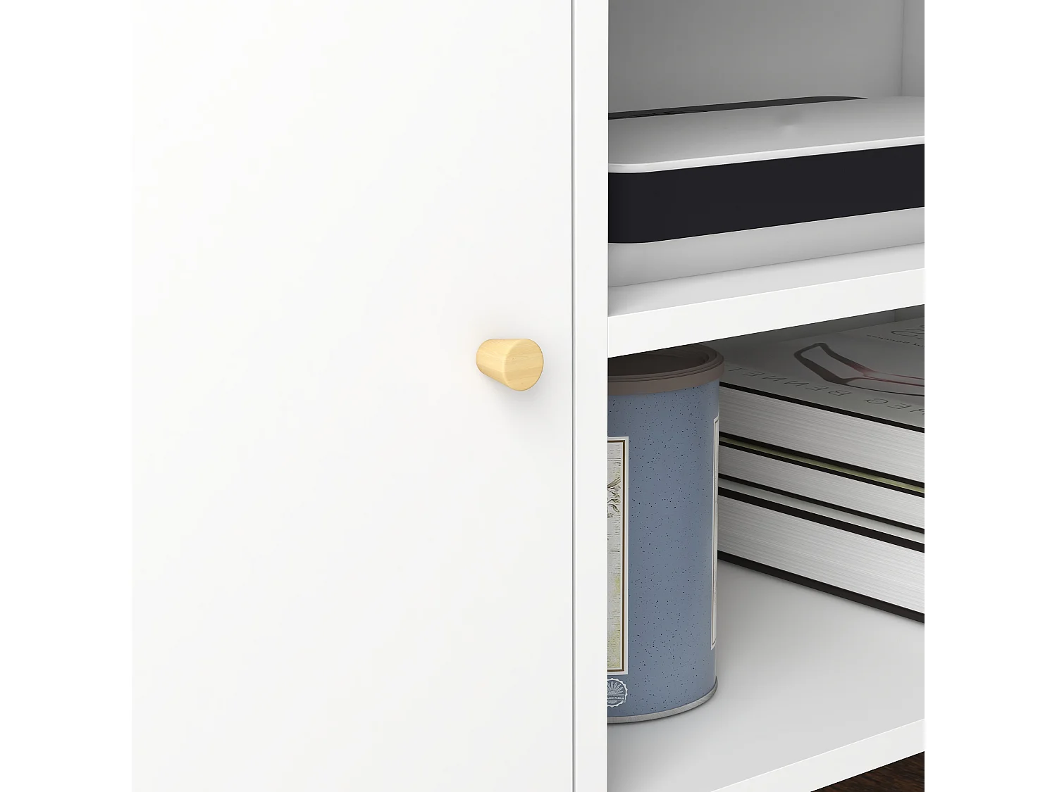 Meuble TV style scandinave 2 portes 2 niches passe-fils piètement bois pin panneaux blanc