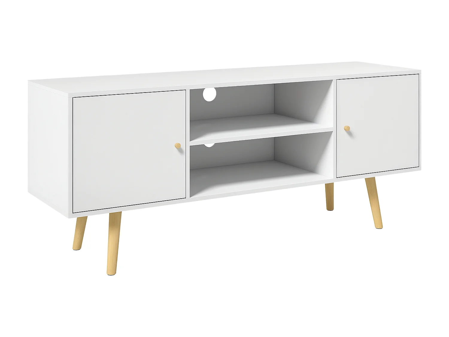 Meuble TV style scandinave 2 portes 2 niches passe-fils piètement bois pin panneaux blanc