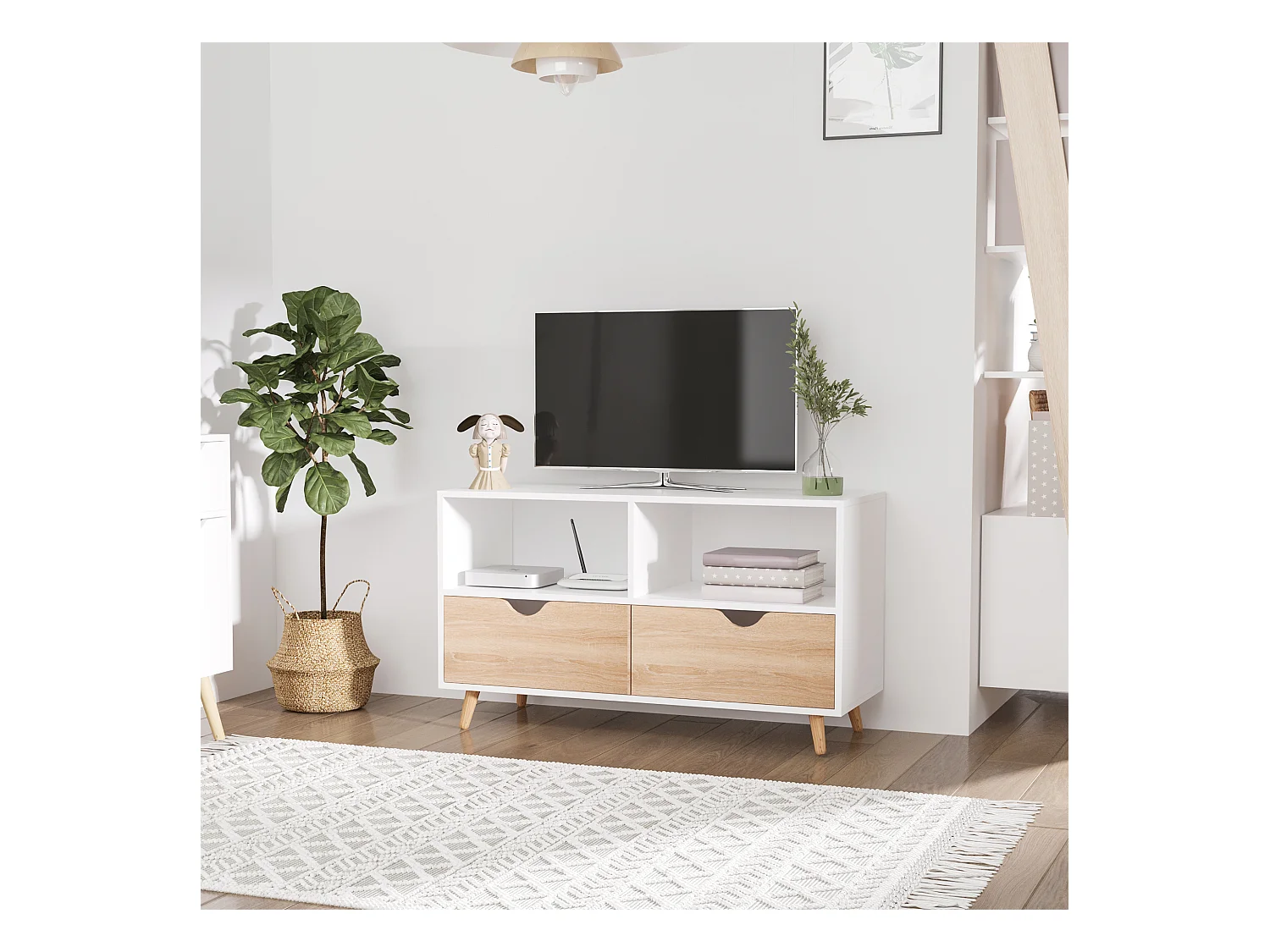 Meuble TV bas sur pieds style scandinave 2 tiroirs coloris chêne clair blanc