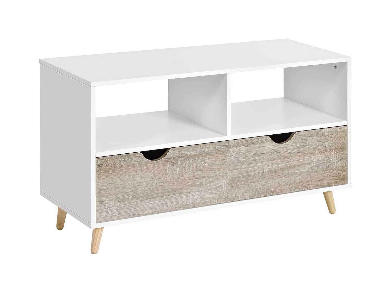 Meuble TV bas sur pieds style scandinave 2 tiroirs coloris chêne clair blanc