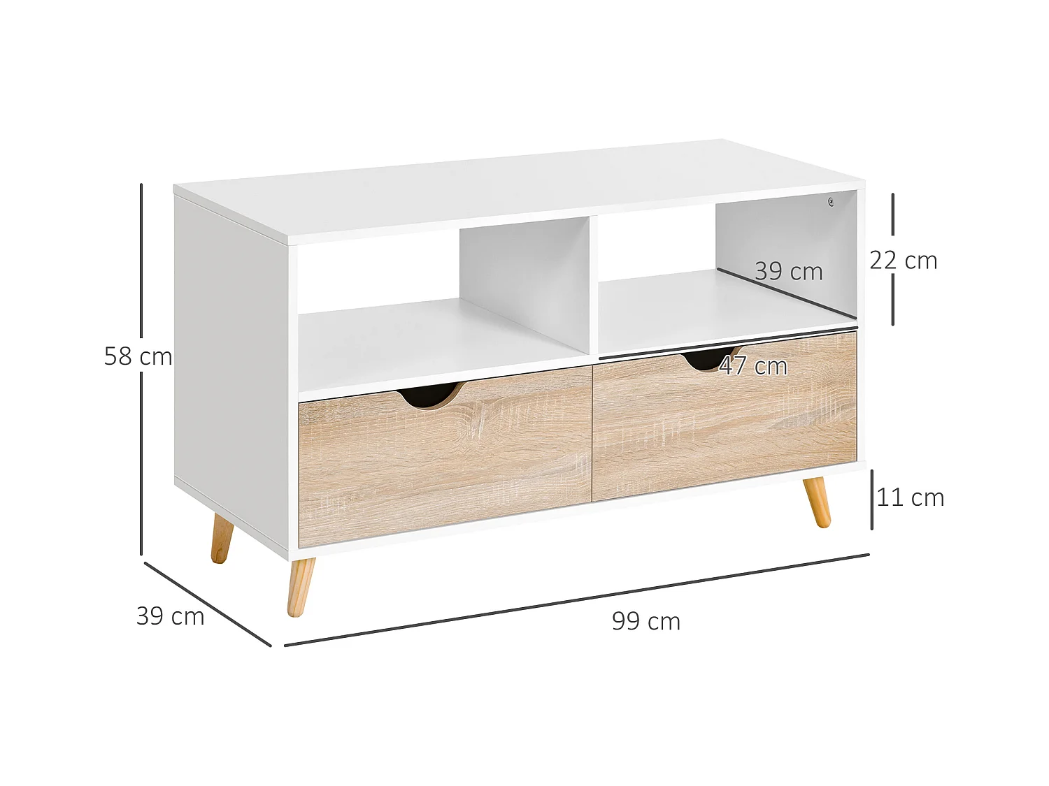 Meuble TV bas sur pieds style scandinave 2 tiroirs coloris chêne clair blanc