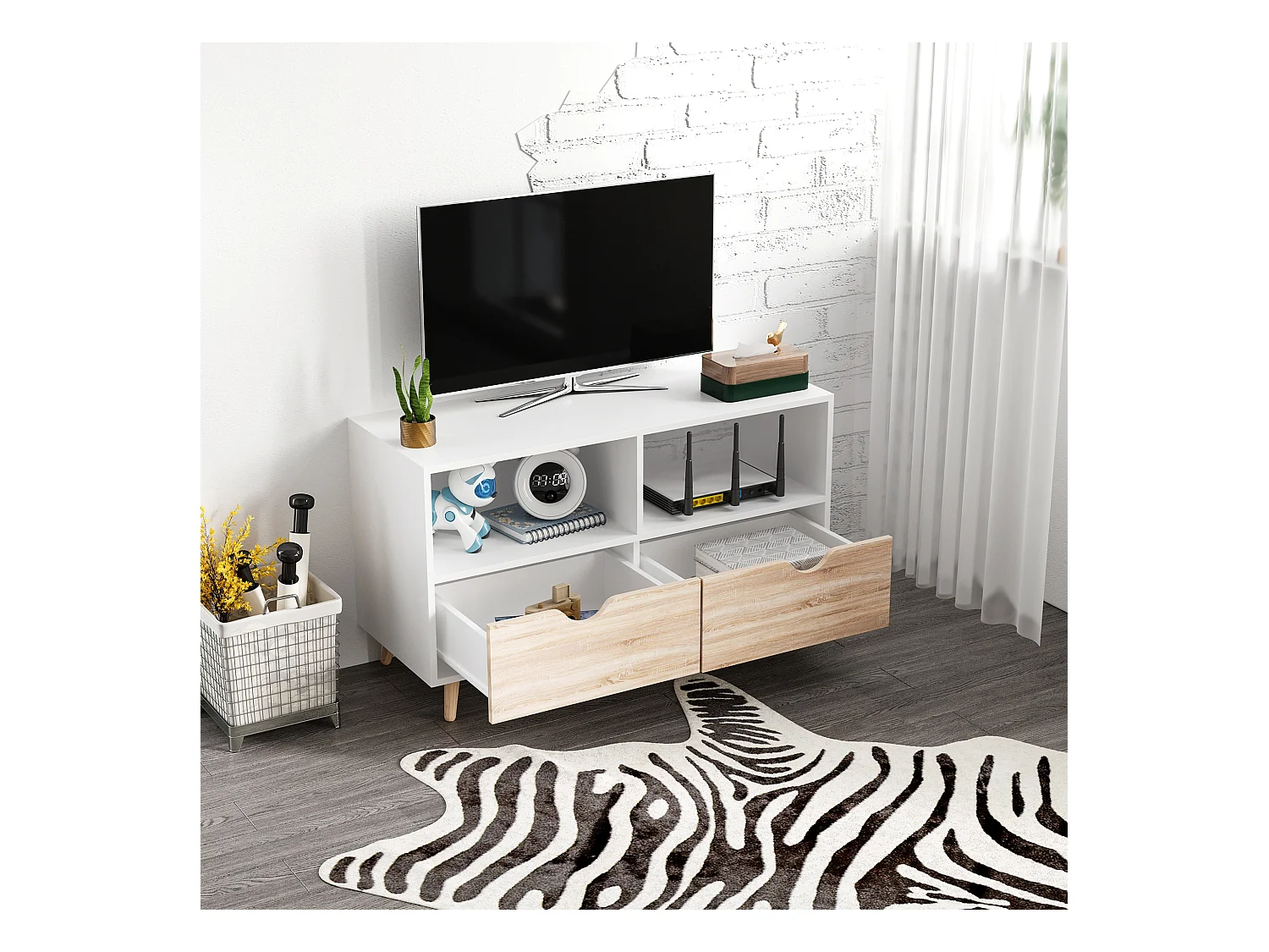 Meuble TV bas sur pieds style scandinave 2 tiroirs coloris chêne clair blanc