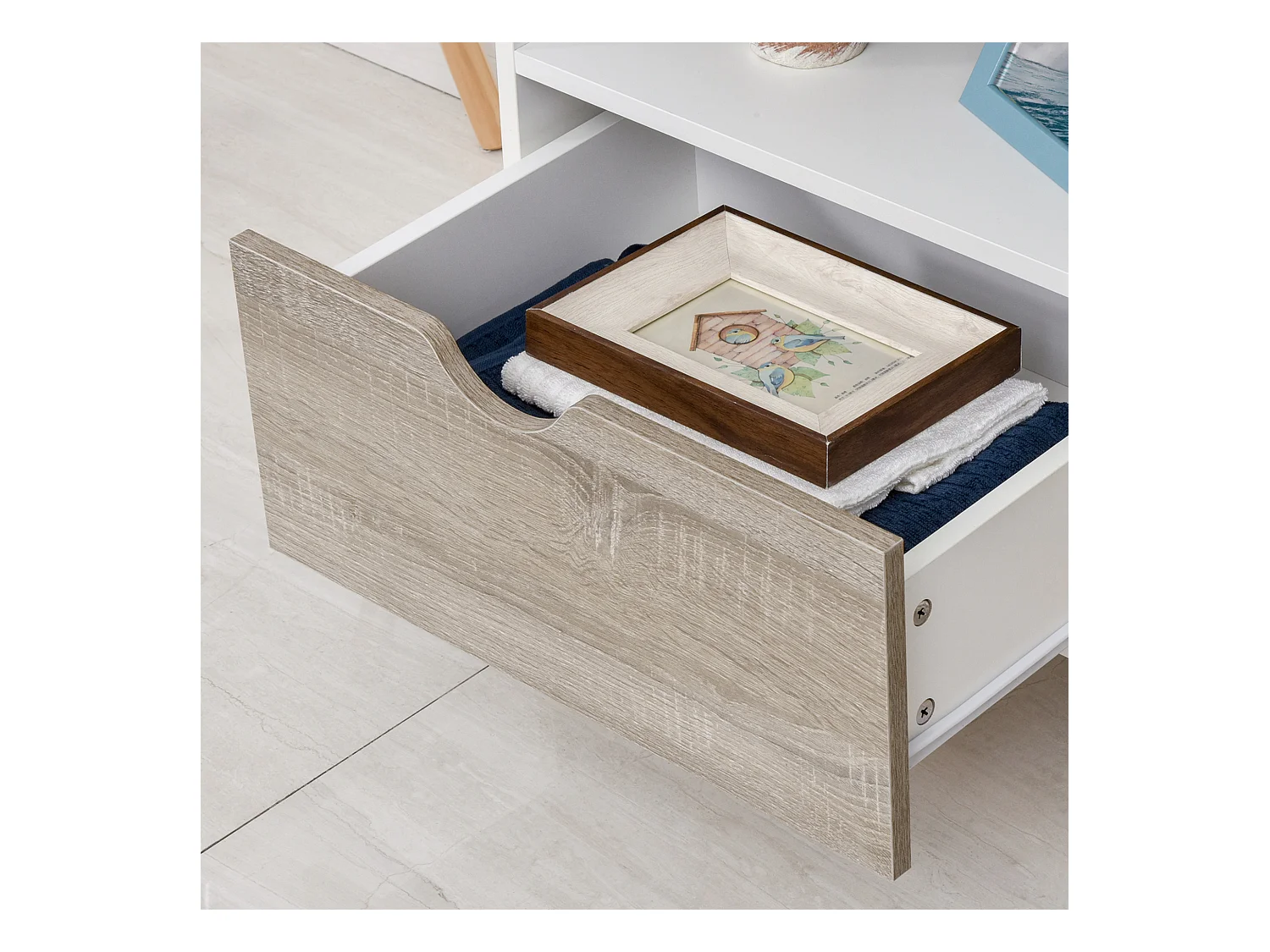 Meuble TV bas sur pieds style scandinave 2 tiroirs coloris chêne clair blanc