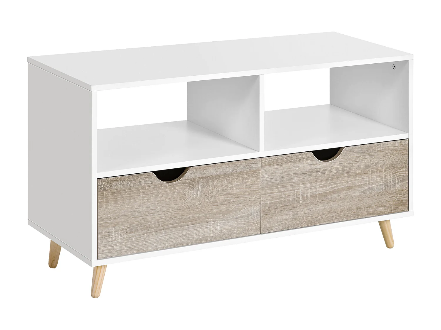 Meuble TV bas sur pieds style scandinave 2 tiroirs coloris chêne clair blanc