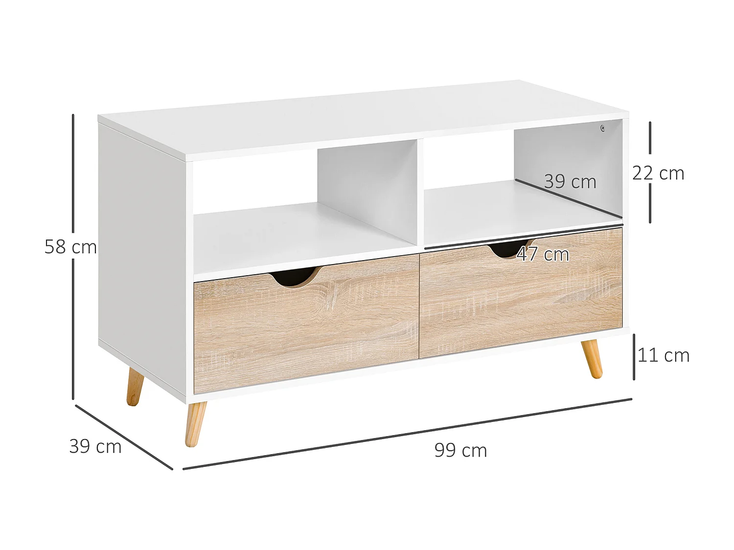 Meuble TV bas sur pieds style scandinave 2 tiroirs coloris chêne clair blanc