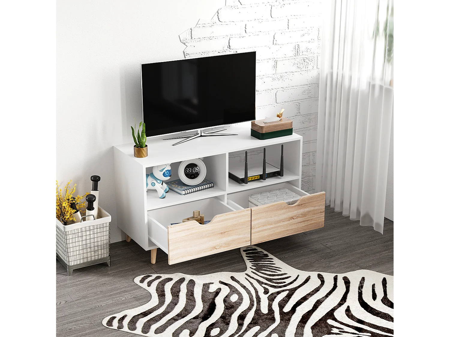 Meuble TV bas sur pieds style scandinave 2 tiroirs coloris chêne clair blanc