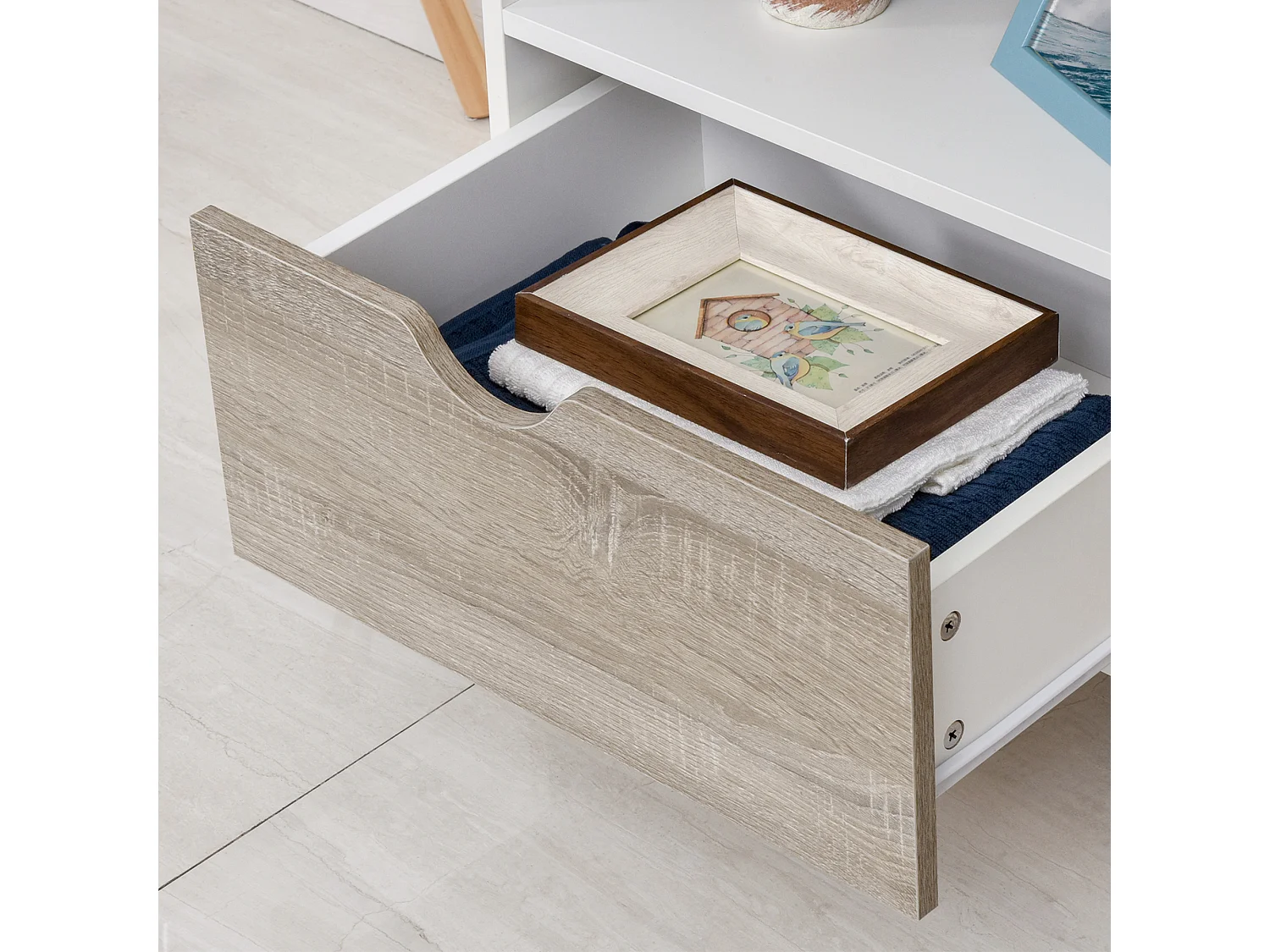 Meuble TV bas sur pieds style scandinave 2 tiroirs coloris chêne clair blanc