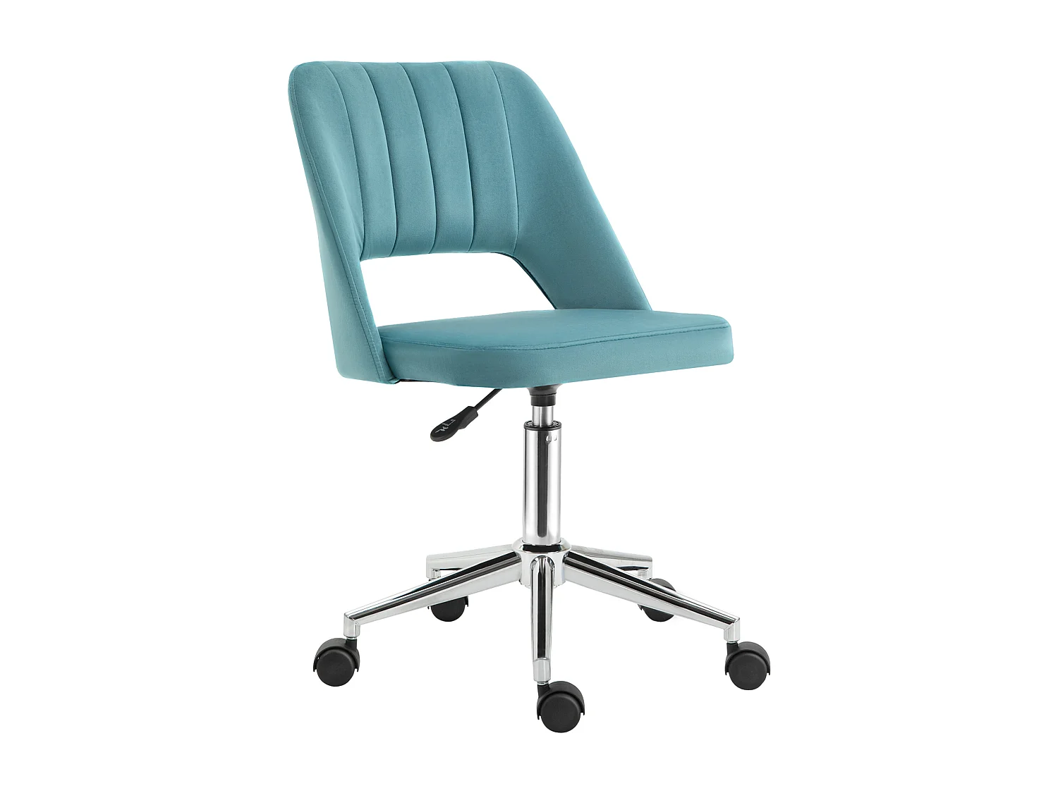 Chaise de bureau design contemporain dossier ergonomique ajouré strié hauteur réglable pivotante 360° piètement chromé velours bleu canard