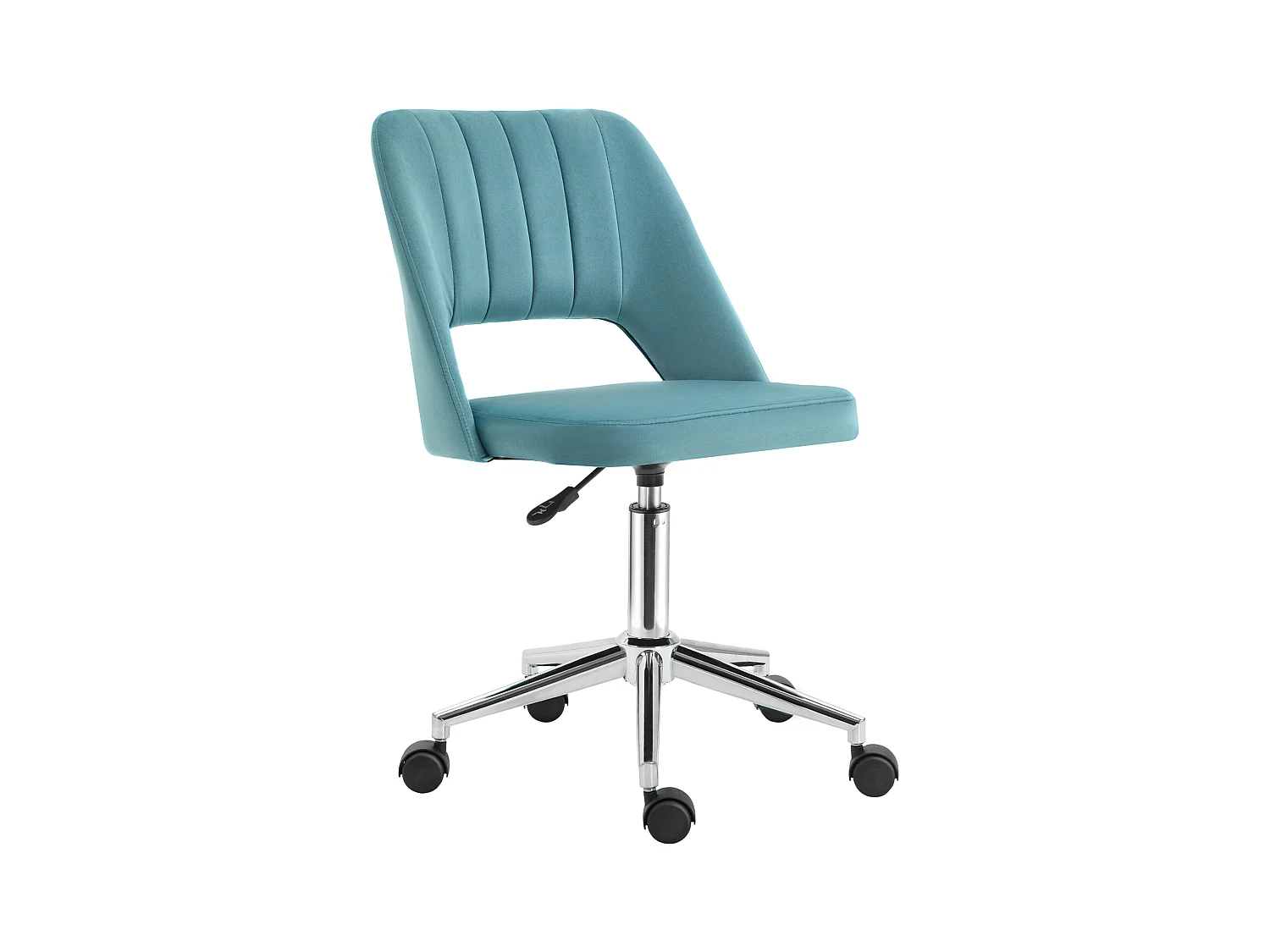 Chaise de bureau design contemporain dossier ergonomique ajouré strié hauteur réglable pivotante 360° piètement chromé velours bleu canard