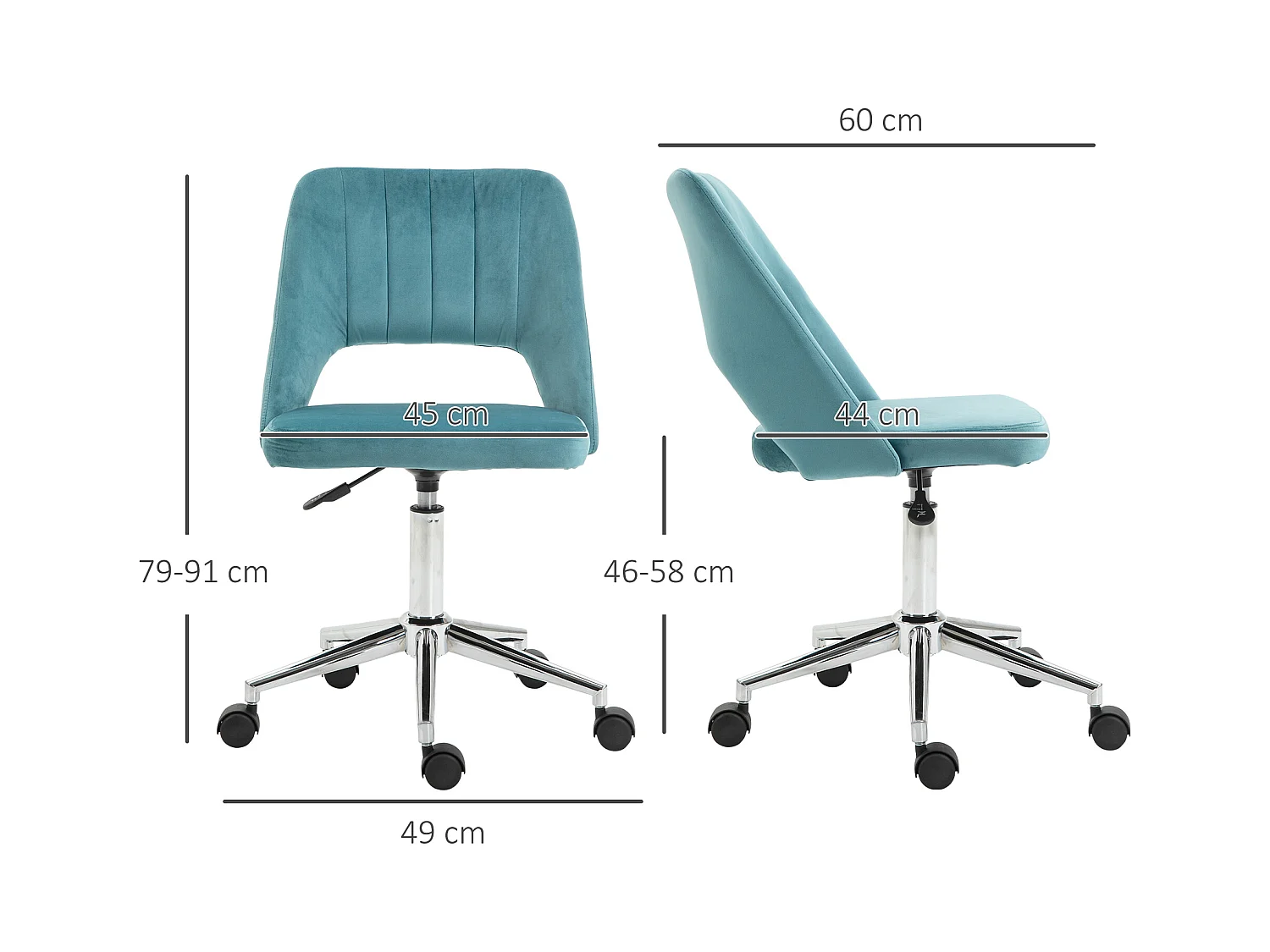 Chaise de bureau design contemporain dossier ergonomique ajouré strié hauteur réglable pivotante 360° piètement chromé velours bleu canard