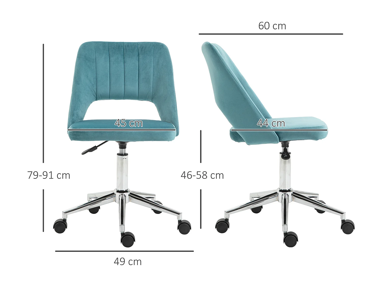 Chaise de bureau design contemporain dossier ergonomique ajouré strié hauteur réglable pivotante 360° piètement chromé velours bleu canard