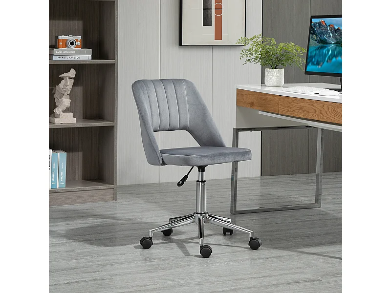 Chaise de bureau design contemporain dossier ergonomique ajouré strié hauteur réglable pivotante 360° piètement chromé velours gris