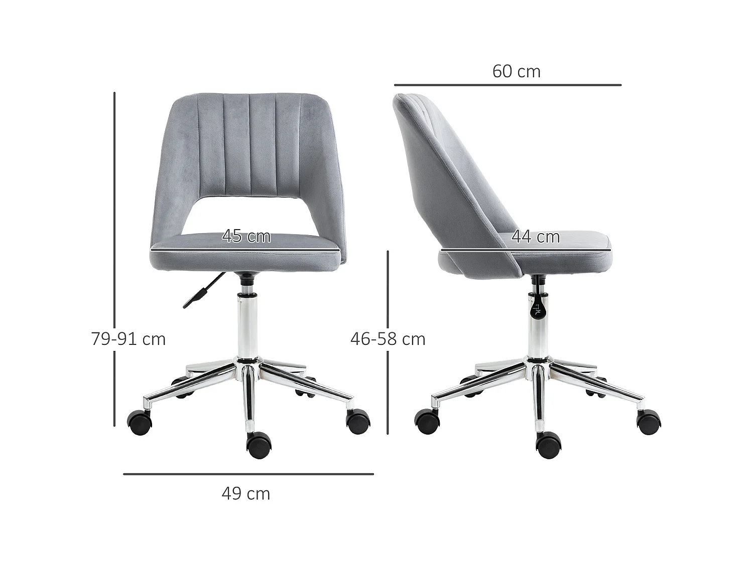 Chaise de bureau design contemporain dossier ergonomique ajouré strié hauteur réglable pivotante 360° piètement chromé velours gris
