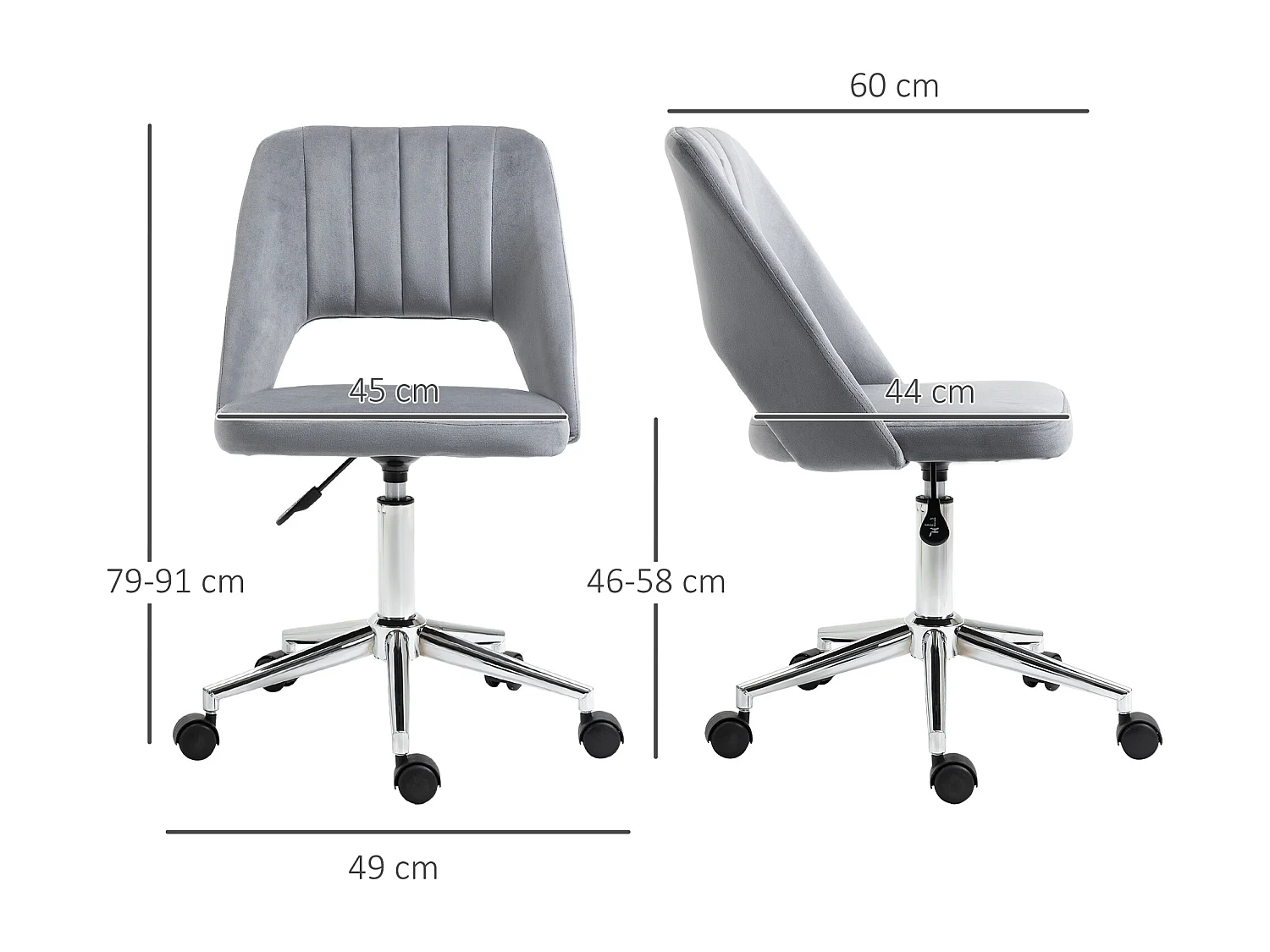 Chaise de bureau design contemporain dossier ergonomique ajouré strié hauteur réglable pivotante 360° piètement chromé velours gris