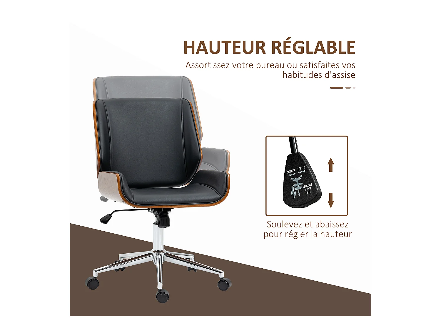 Chaise de bureau manager design vintage pivotante hauteur réglable bois peuplier acier chromé revêtement mixte synthétique tissu noir