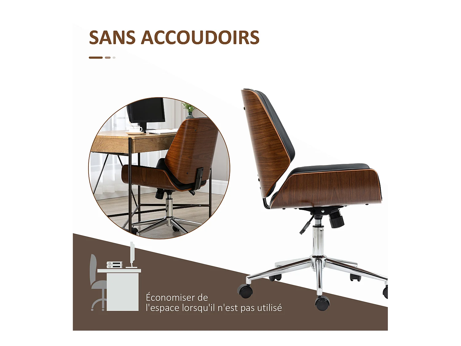 Chaise de bureau manager design vintage pivotante hauteur réglable bois peuplier acier chromé revêtement mixte synthétique tissu noir