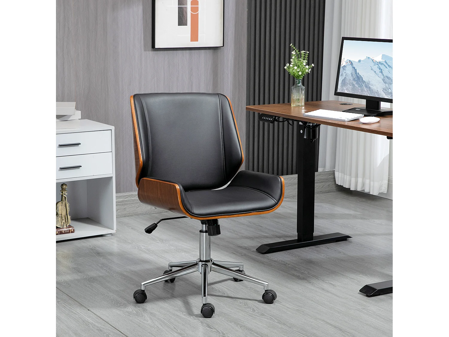 Chaise de bureau manager design vintage pivotante hauteur réglable bois peuplier acier chromé revêtement mixte synthétique tissu noir