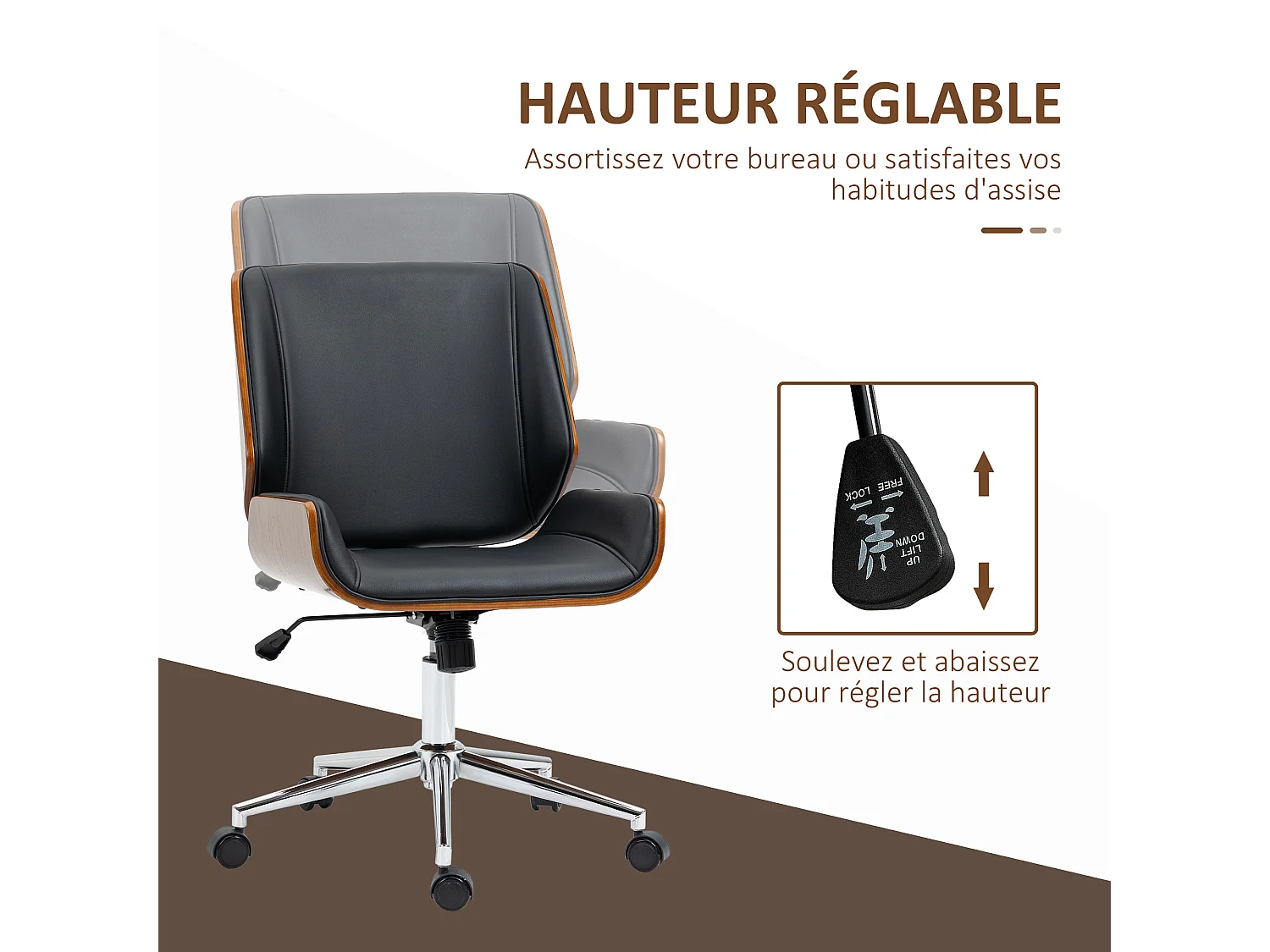 Chaise de bureau manager design vintage pivotante hauteur réglable bois peuplier acier chromé revêtement mixte synthétique tissu noir