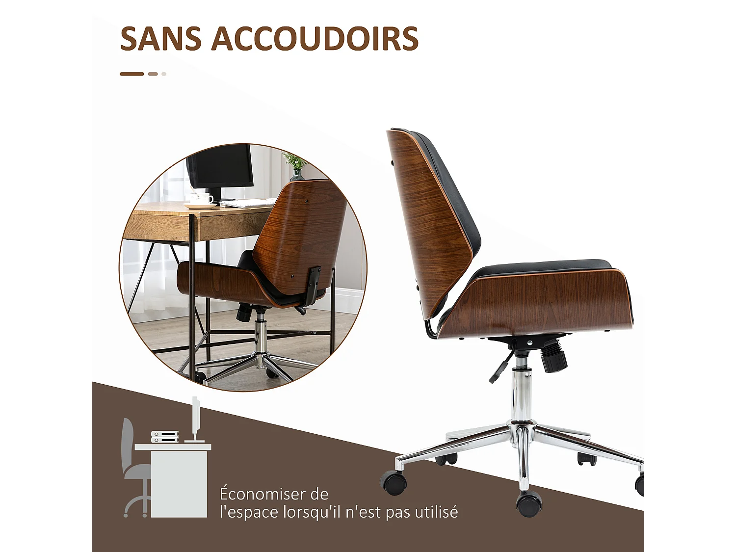 Chaise de bureau manager design vintage pivotante hauteur réglable bois peuplier acier chromé revêtement mixte synthétique tissu noir