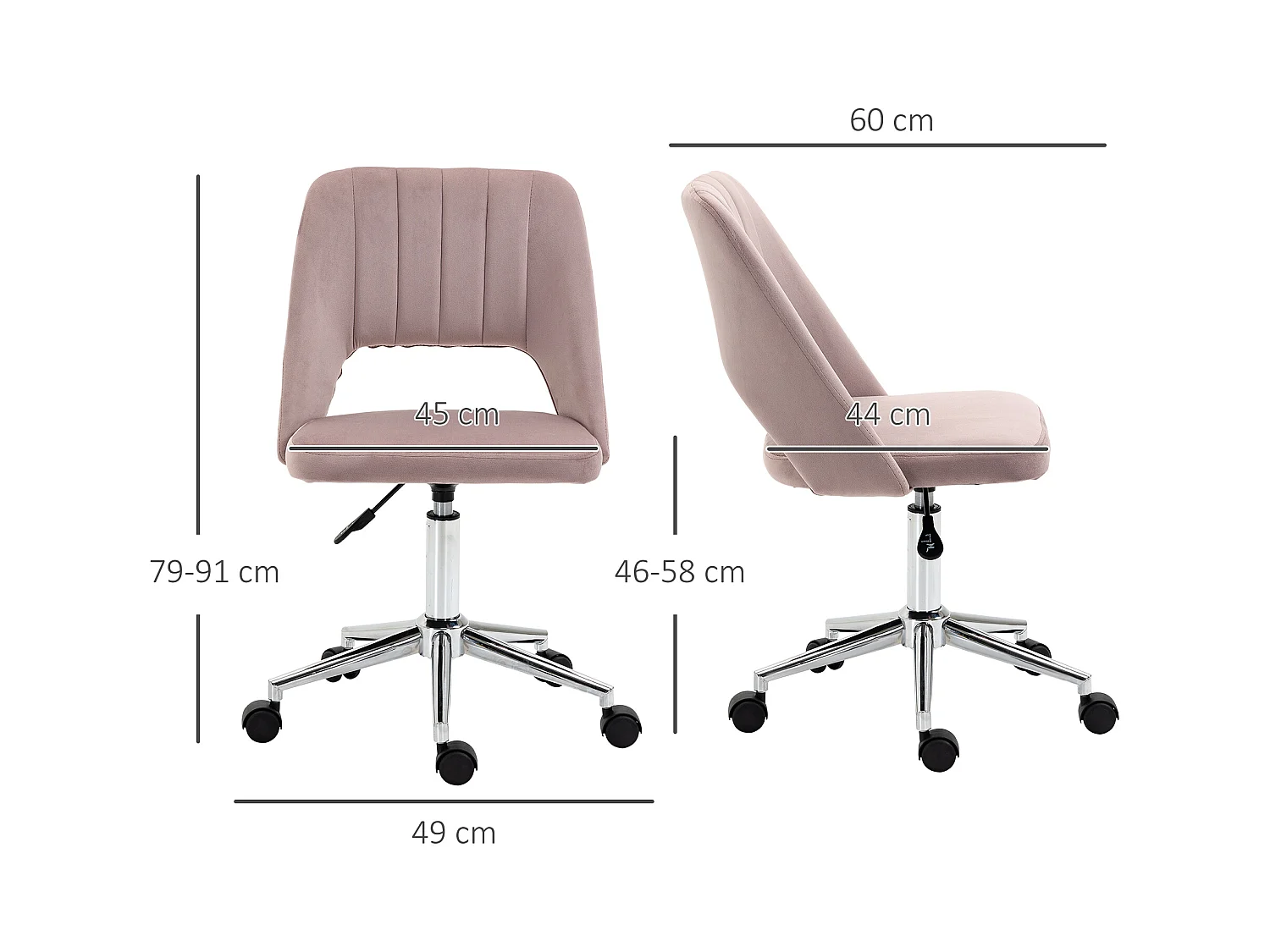 Vinsetto Chaise de bureau design contemporain dossier ergonomique ajouré strié hauteur réglable pivotante 360° piètement chromé velours rose poudré