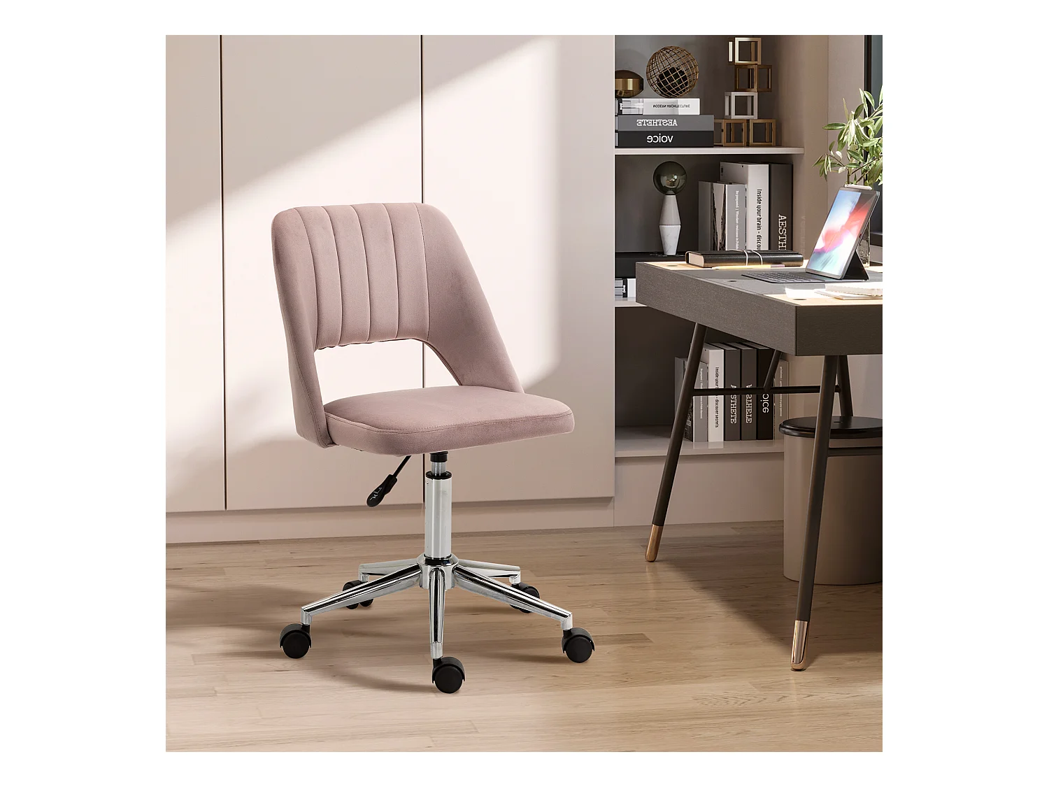 Vinsetto Chaise de bureau design contemporain dossier ergonomique ajouré strié hauteur réglable pivotante 360° piètement chromé velours rose poudré