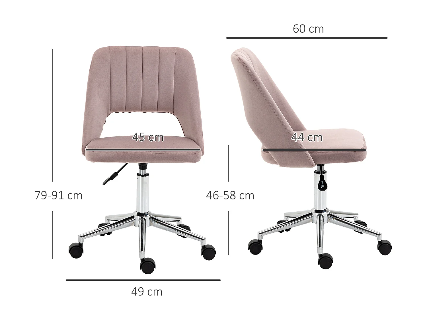 Vinsetto Chaise de bureau design contemporain dossier ergonomique ajouré strié hauteur réglable pivotante 360° piètement chromé velours rose poudré