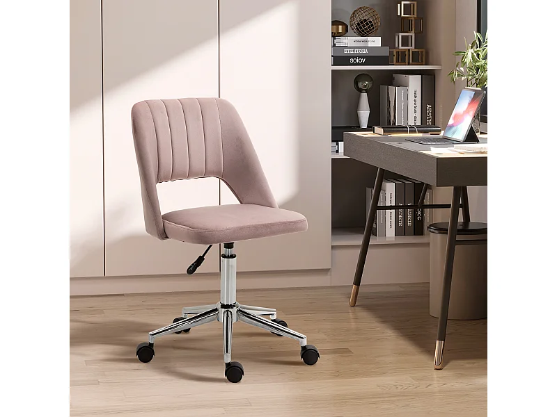 Vinsetto Chaise de bureau design contemporain dossier ergonomique ajouré strié hauteur réglable pivotante 360° piètement chromé velours rose poudré