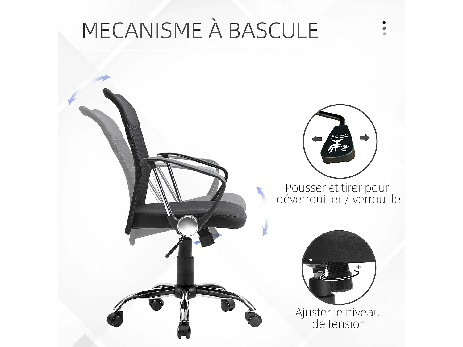 Fauteuil de bureau chaise de bureau réglable pivotant 360° fonction à bascule lin maille résille respirante noir