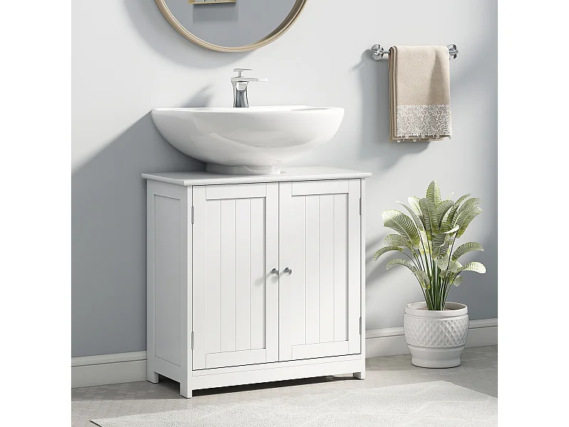 Meuble vasque - meuble sous-vasque - 2 portes rainurées avec étagère réglable - poignées métal chromé - dim. 60L x 30l x 60H cm - MDF blanc