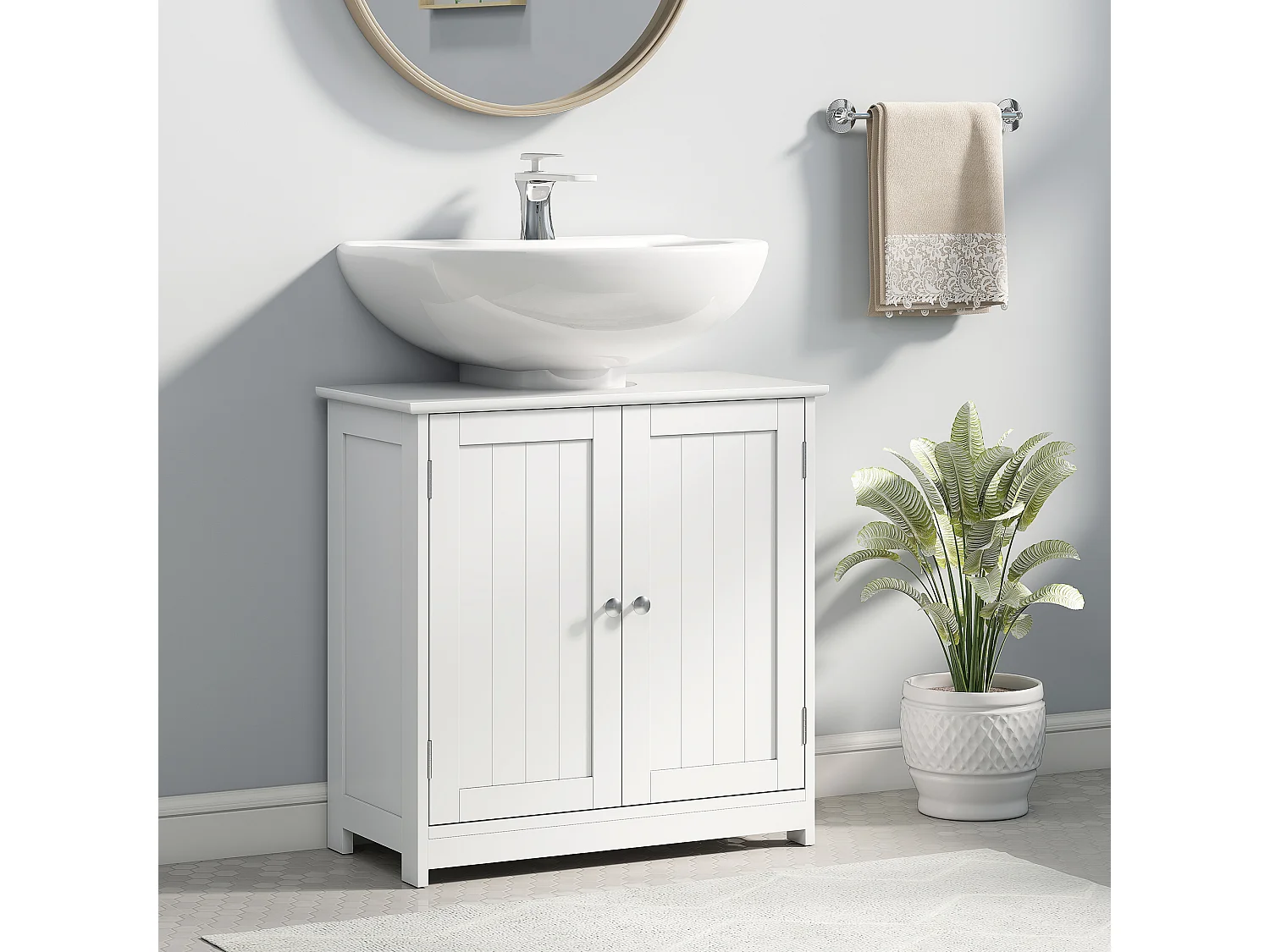 Meuble vasque - meuble sous-vasque - 2 portes rainurées avec étagère réglable - poignées métal chromé - dim. 60L x 30l x 60H cm - MDF blanc