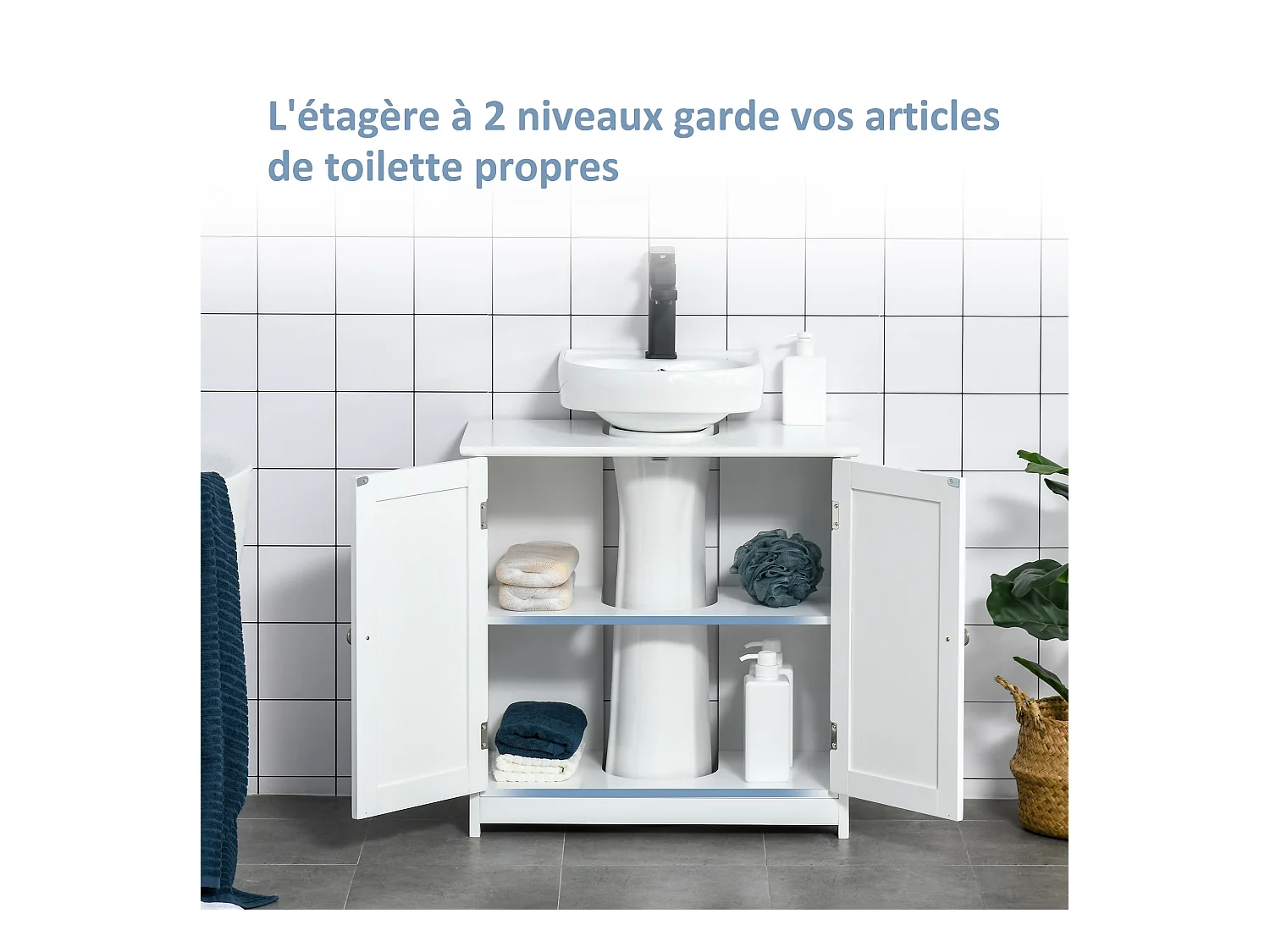 Meuble vasque - meuble sous-vasque - 2 portes rainurées avec étagère réglable - poignées métal chromé - dim. 60L x 30l x 60H cm - MDF blanc