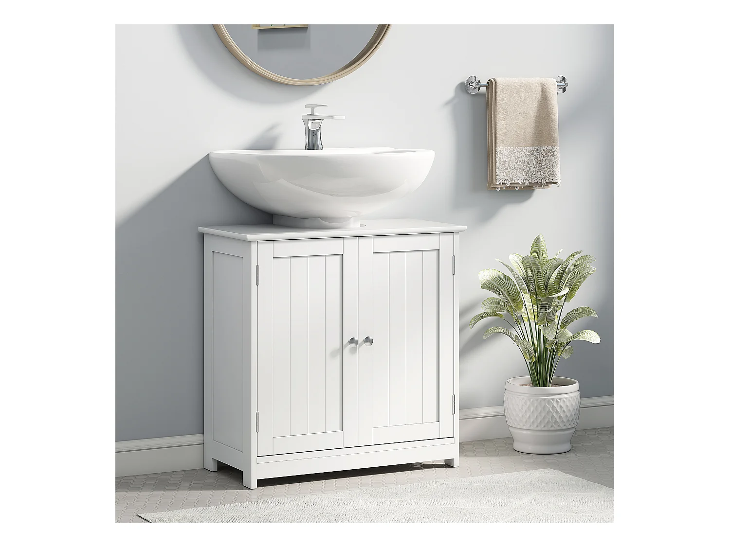 Meuble vasque - meuble sous-vasque - 2 portes rainurées avec étagère réglable - poignées métal chromé - dim. 60L x 30l x 60H cm - MDF blanc