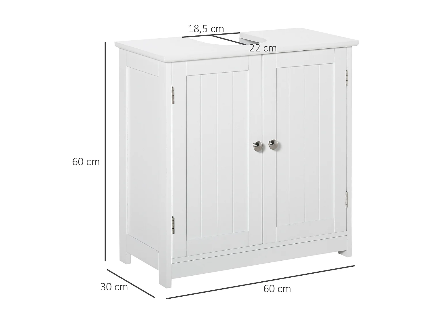 Meuble vasque - meuble sous-vasque - 2 portes rainurées avec étagère réglable - poignées métal chromé - dim. 60L x 30l x 60H cm - MDF blanc