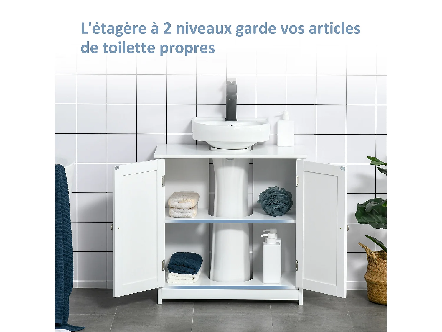 Meuble vasque - meuble sous-vasque - 2 portes rainurées avec étagère réglable - poignées métal chromé - dim. 60L x 30l x 60H cm - MDF blanc