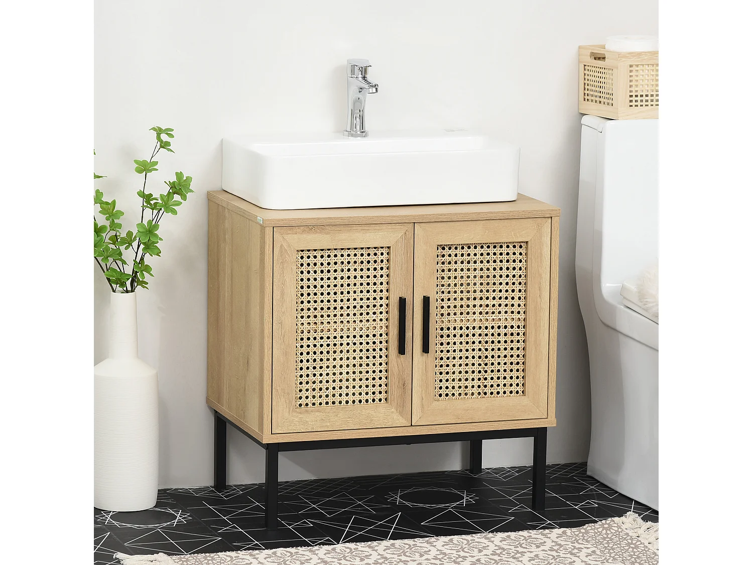 Meuble salle de bain - meuble sous-vasque - 2 portes, étagère réglable - piètement acier noir rotin panneaux aspect chêne clair