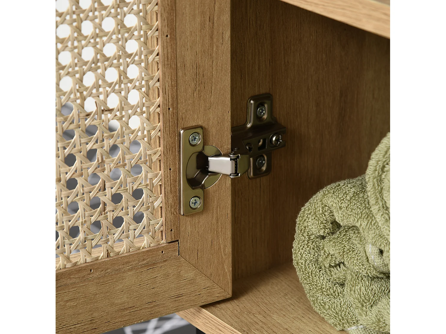 Meuble salle de bain - meuble sous-vasque - 2 portes, étagère réglable - piètement acier noir rotin panneaux aspect chêne clair