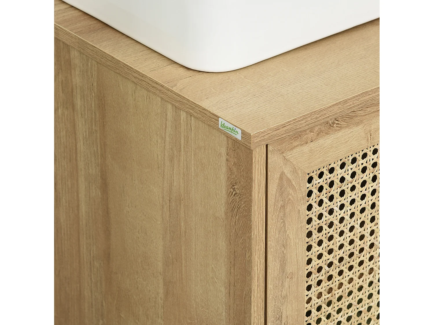Meuble salle de bain - meuble sous-vasque - 2 portes, étagère réglable - piètement acier noir rotin panneaux aspect chêne clair