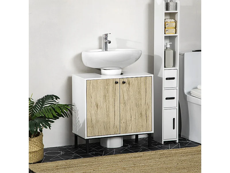 Meuble salle de bain - meuble sous-vasque - 2 portes, étagère réglable - piètement acier noir panneaux aspect chêne clair blanc