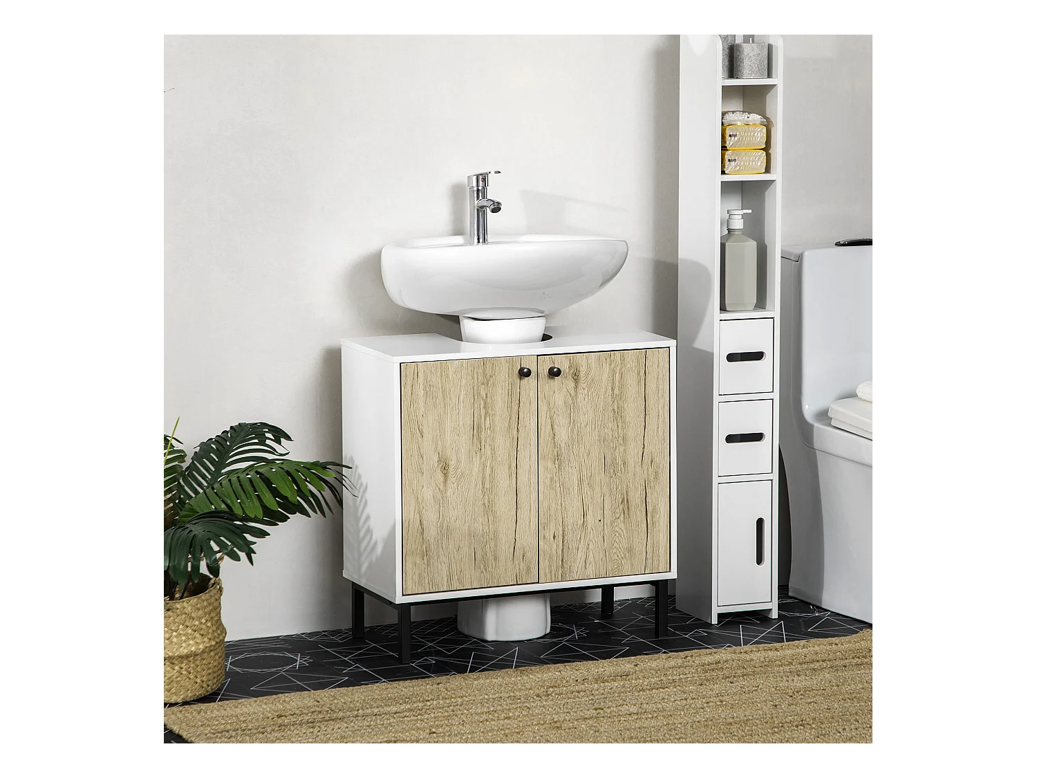 Meuble salle de bain - meuble sous-vasque - 2 portes, étagère réglable - piètement acier noir panneaux aspect chêne clair blanc